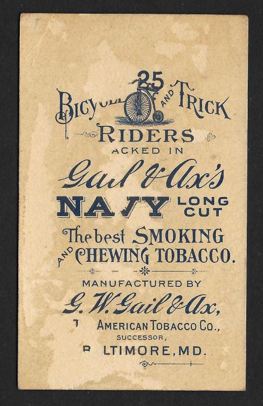 VICTORIAN TRADE CARD Gail & Ax Navy Tobacco Lady Trick Rider High Wheeler Bike