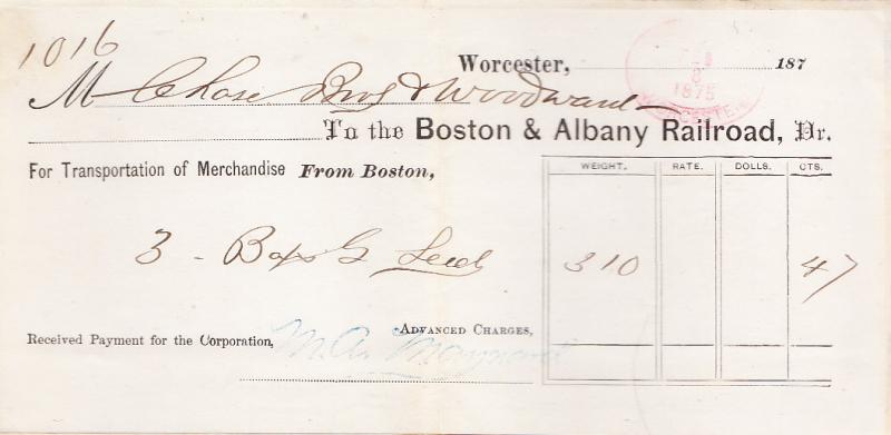 Boston & Albany RR. Receipt 1875  Newton