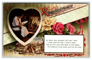 Vintage 1910's Postcard Woman Reads Fireplace Heart Silhouette Remembrance