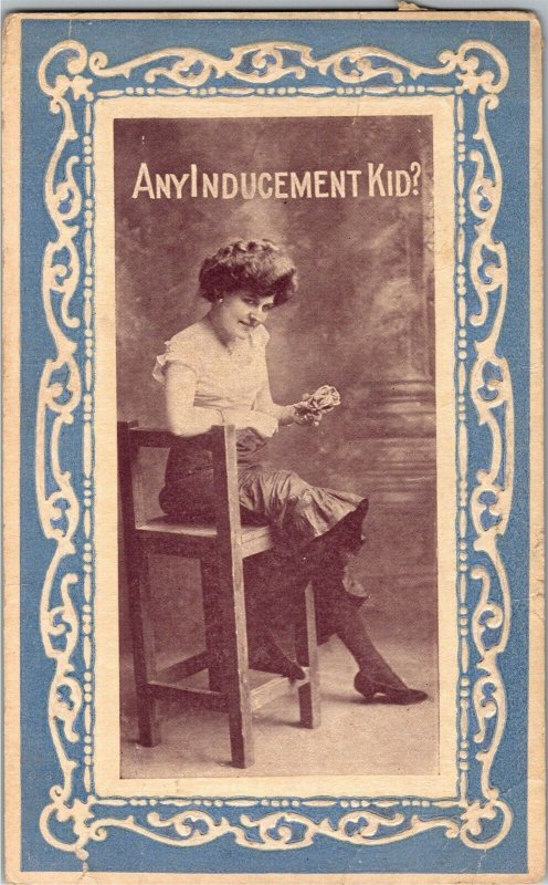 Woman on Stool Flirting, Any Inducement Kid? c1913 Vintage Postcard X14 