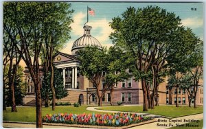 c1940s Santa Fe, NM State Capitol Building Roadside Flowers Trees Linen PC A329