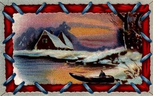 c1910 A MERRY CHRISTMAS COTTAGE LAKE BOAT SNOW PEACEFUL EMBOSSED POSTCARD 20-131