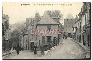 Old Postcard Fougeres La Rue of the Fork and feudal castle Entree