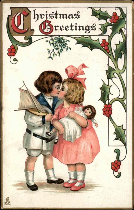 Tuck Christmas Children Boy w Toy Model Boat Kisses Little Girl c1910 Postcard