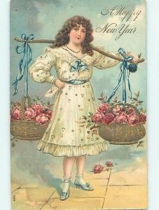 Pre-Linen new year PRETTY GIRL CARRIES BASKETS OF ROSES WITH SHOULDERS HQ8061