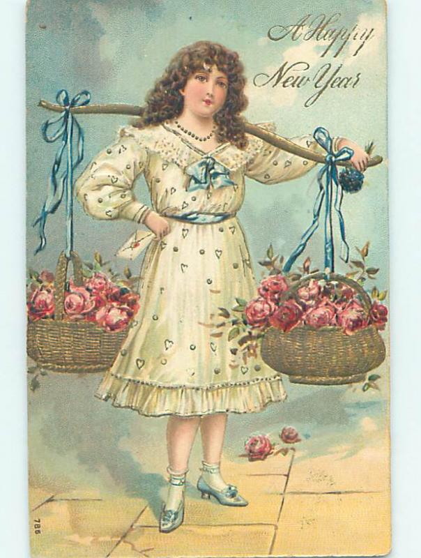 Pre-Linen new year PRETTY GIRL CARRIES BASKETS OF ROSES WITH SHOULDERS HQ8061