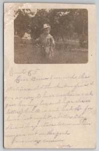 Enid Oklahoma Adorable Boy in Jumper and Cap in Yard RPPC Postcard A28