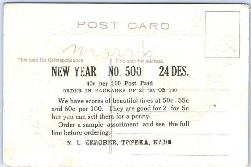 c1910s Topeka, KS Zercher Sample New Year Postcard Embossed Advertising A72