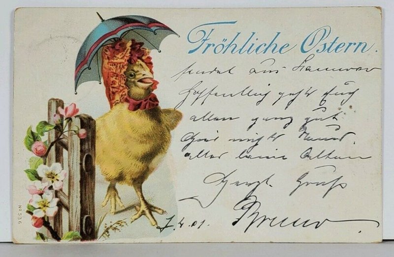 1901 Easter Greetings Chick Bonnet with Umbrella Hannover to Berlin Postcard K18