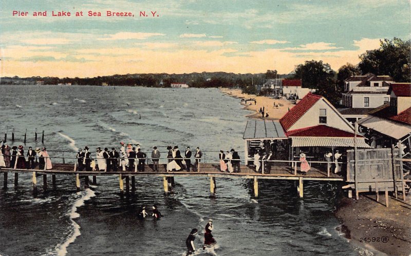 Pier and Lake at Sea Breeze, New York, Early Postcard, Unused
