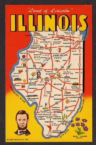 IL Greetings from ILLINOIS State Map Galesburg Moline