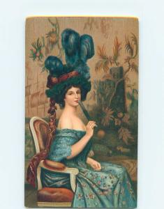 Pre-Linen risque PRETTY GIRL WITH BARE SHOULDERS IN BIG HAT WITH FAN HL4798@