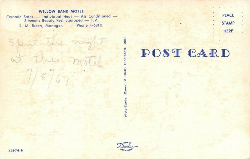 Harrisonburg Virginia 1961 Postcard Willow Bank Motel 