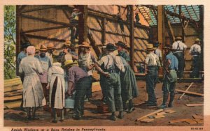 Vintage Postcard 1920's Amish Workers at a Barn Raising in Pennsylvania PA