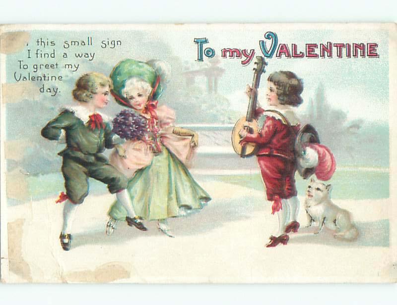 Pre-Linen valentine BOY PLAYS MANDOLIN MUSIC FOR DANCING COUPLE k5701