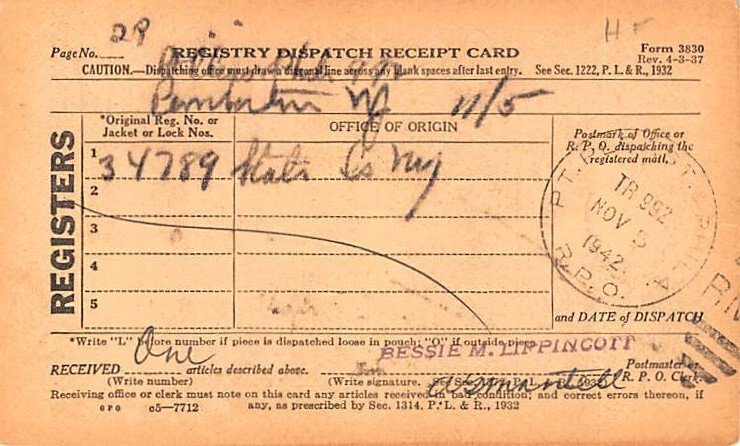 Registry Dispatch Receipt Card Mail Related 1942 