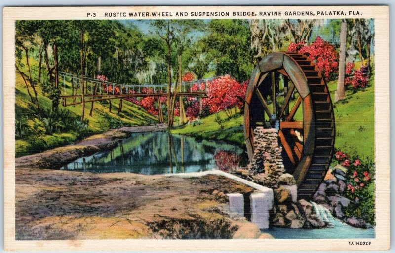 1934 Palatka, FL Rustic Water Wheel Suspension Bridge Beautiful Colorful PC A221