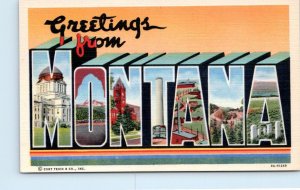 Large Letter Linen GREETINGS From MONTANA c1930s Curt Teich  Postcard