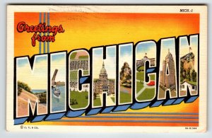 Greetings From Michigan Large Big Letter Postcard Linen Curt Teich 1950s Vintage