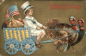 Thanksgiving Young Boy Delivers Feast Turkey Chariot c1900-20s Vintage Postcard