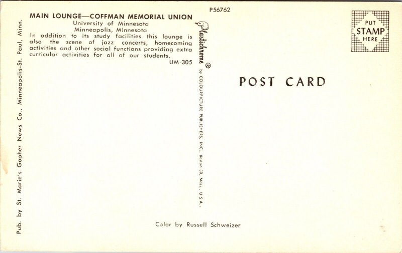 Main Lounge Coffman Memorial Union University Minnesota Minneapolis MN Postcard  