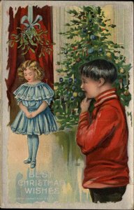 Christmas Children Mistletoe Girl Closes Eyes Embossed c1900s-20s Postcard