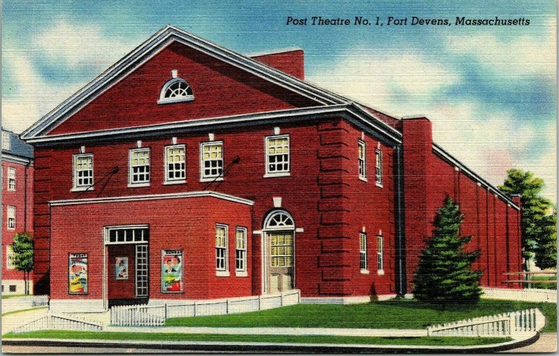 Post Theatre No 1 Fort Devens Massachusetts MA VTG Postcard Linen WOB Note 