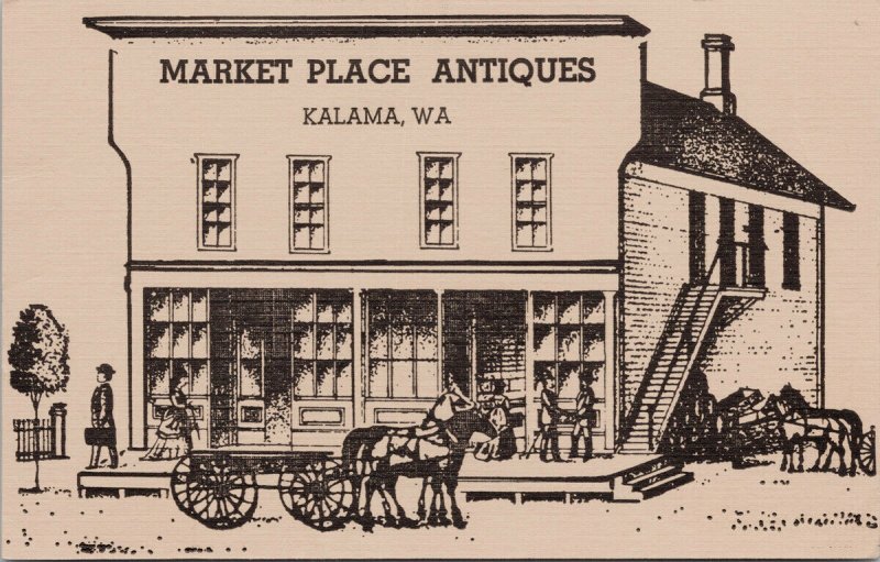 Kalama WA Market Place Antiques Horses Wagon Unused 3-Starr Press Postcard G97