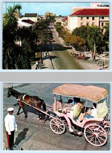 2 Postcards NASSAU, BAHAMAS ~ Horse Drawn Surrey BAY STREET Scene 1960s-70s