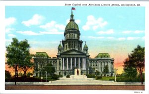 State Capitol and Abraham Lincoln Statue Springfield Illinois Postcard