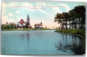 Postcard NJ Spring Lake -  View Across Lake Showing Presbyterian Church