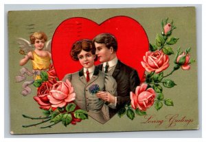 Vintage 1910 Valentines Postcard Cupid Watches Loving Couple Giant Heart