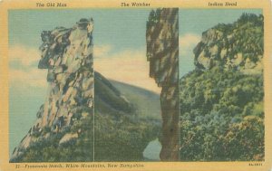 White Mtns NH Old Man, Watcher, Indian Head Linen Postcard Unused