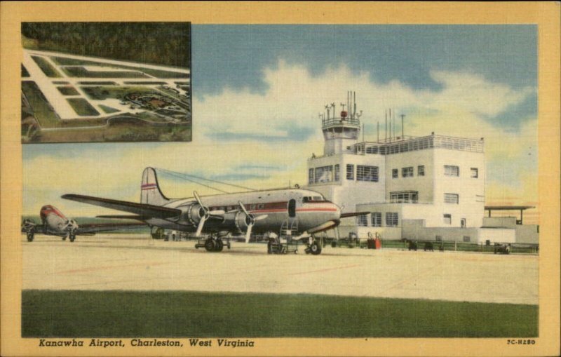 Charleston WV Kanawha Airport Airplane Linen Postcard