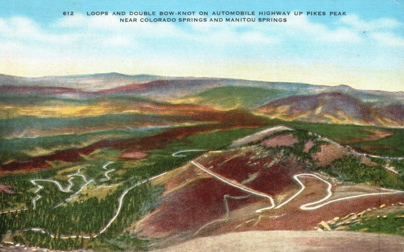 Vintage Postcard Loops Double Bow-Knot Highway Pikes Peak Colorado Springs CO