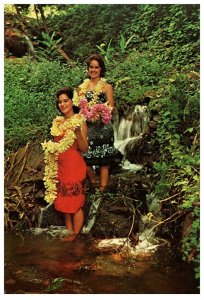 Vintage United Airlines Hawaiian RPPC Native Hula Lei Waterfalls Pretty Ladies