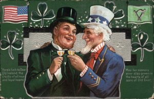 ST PATRICK'S DAY Uncle Sam Drinks Toast w Irish Man EMBOSSED c1910 Postcard