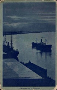 Galveston Bay Texas TX Steamers Ships by Moonlight Vintage Postcard