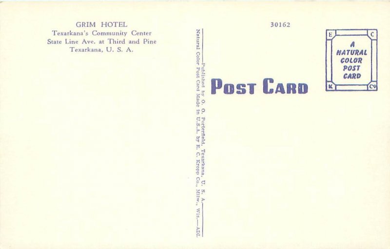 Texarkana Hotel Grim Litho Postcard Unused