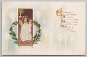 E Nash~Christmas Cheer & Toys~Girl w/Candle Holds Doll~Berry Wreath~Vintage PC