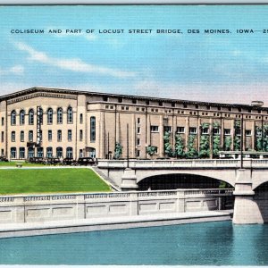 c1940s Des Monies IA Downtown Locust St Bridge Coliseum Auditorium Linen PC A290