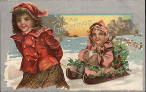Christmas Children Sledding Winter Holly Embossed c1900-20s Vintage Postcard