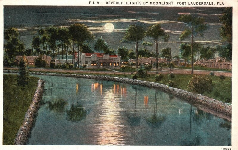 Vintage Postcard Beverly Heights By Moonlight Fort Lauderdale Florida Asheville