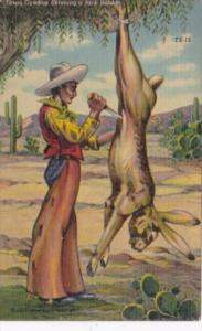 Texas Exageration Cowboy Skinning Large Jack Rabbit Curteich 1954