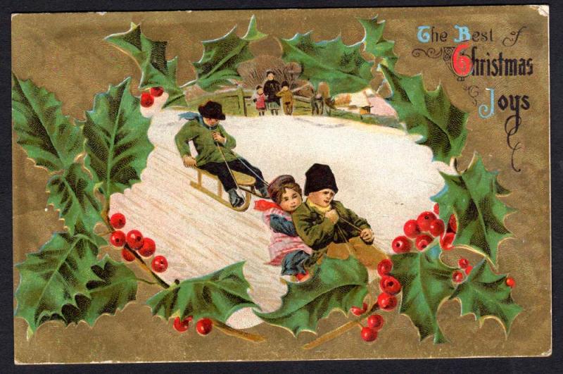 Children Sledding 1909 Embossed Christmas Postcard