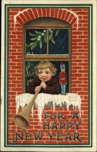 New Year Little Boy in Window Horn Toy Soldier c1910 Vintage Postcard