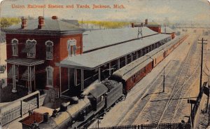 Union Railroad Depot Train in Station Jackson Michigan 1910 postcard
