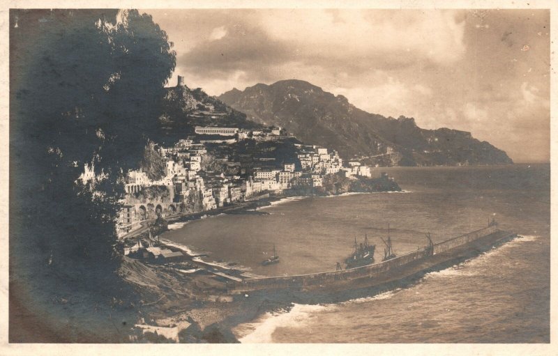 Vintage Postcard 1920's Amalfi Panorama Con Il Porto Harbour Campania Italy IT 