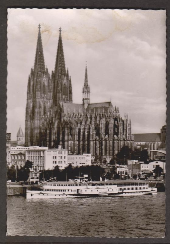 Koln Cathedral & River Cruise Ship - Real Photo - Unused