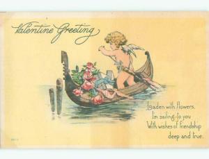 Pre-Linen valentine CUPID ROWS BOAT FULL OF GIFTS AND FLOWERS J0627